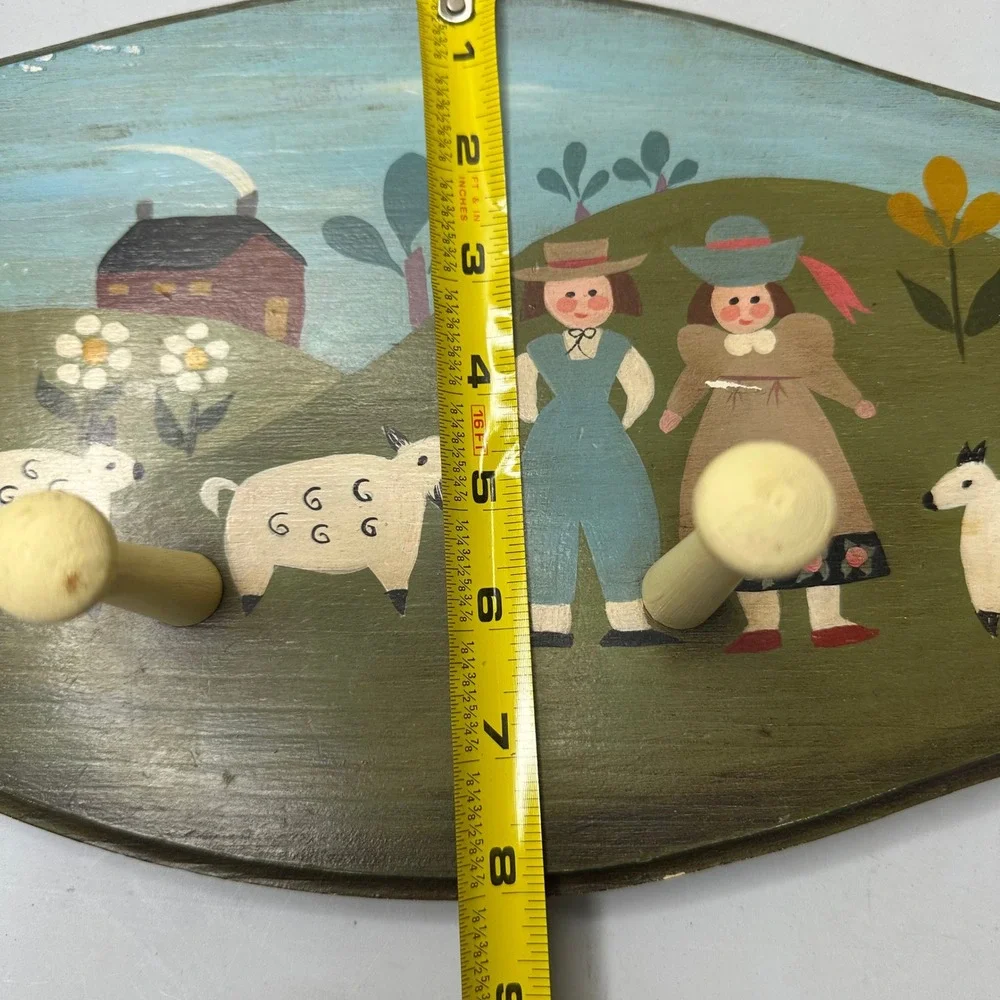 Vintage 1963 Folk Art Hand Painted Wood Wall Rack Sheep Pastoral Scene A Erdle